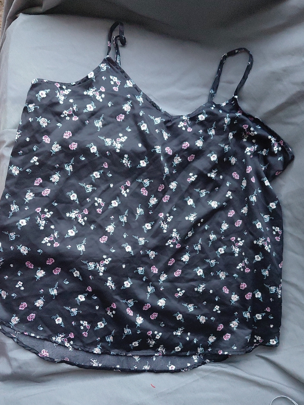 wild fable Black Floral Satin Cami with Pink and White Blossoms